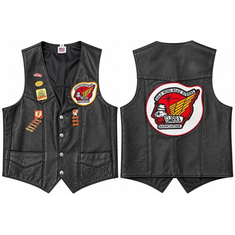 Vintage GWRRA Gold Wing Road Riders Leather Motorcycle Vest Size 44 Patches Pins